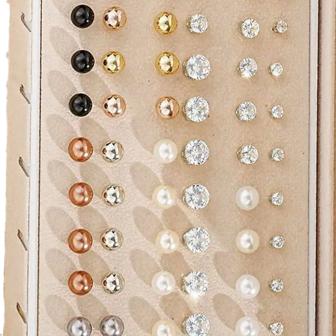 108 geometric pearl earrings with round elements and gold electroplated finish displayed as bulk set