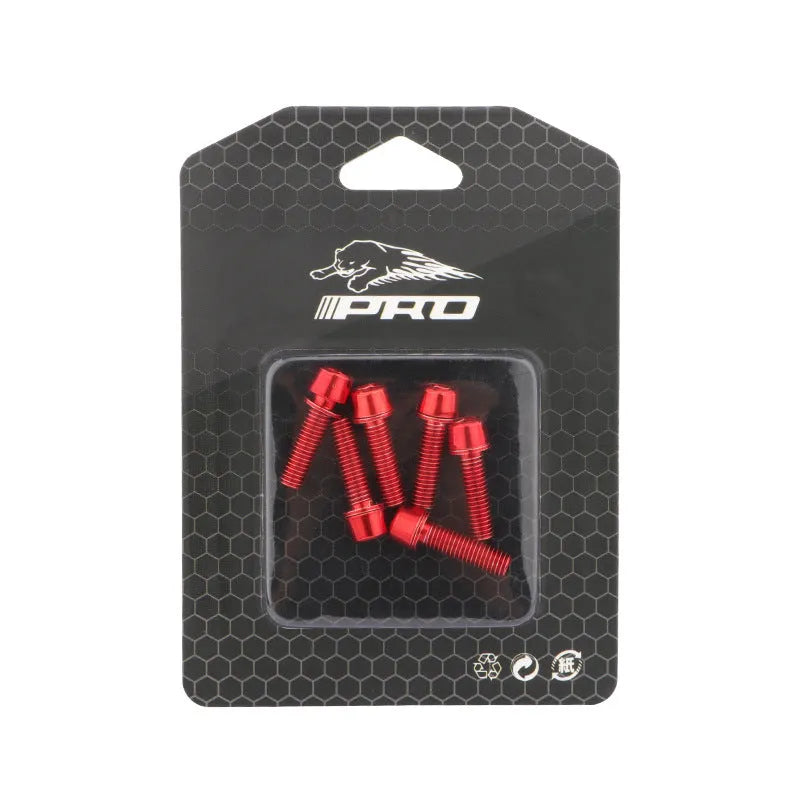 Set of six coloured stainless steel screws for mountain bike handlebar riser clamps on a card.