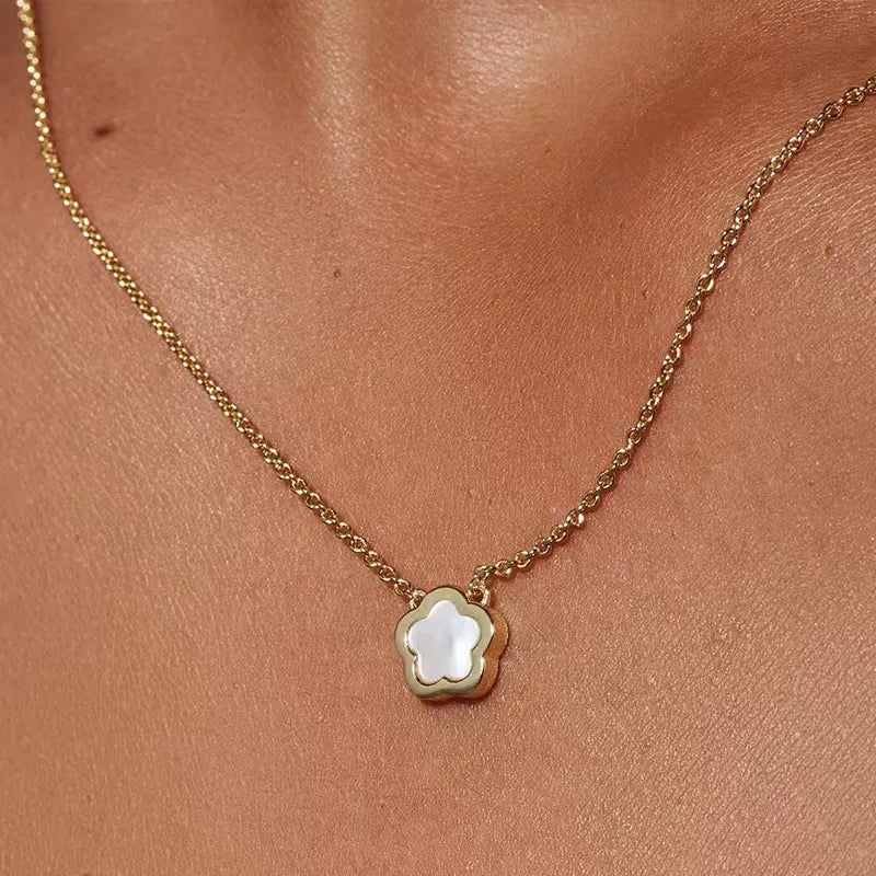 White Mother Pearl shell flower necklace on a gold or silver O-chain for women.