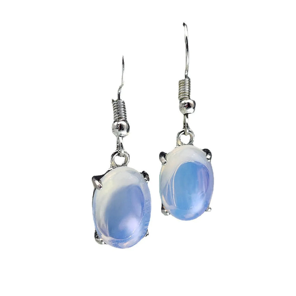 Moonlight white opal earrings with retro cross design and ellipse drop shape