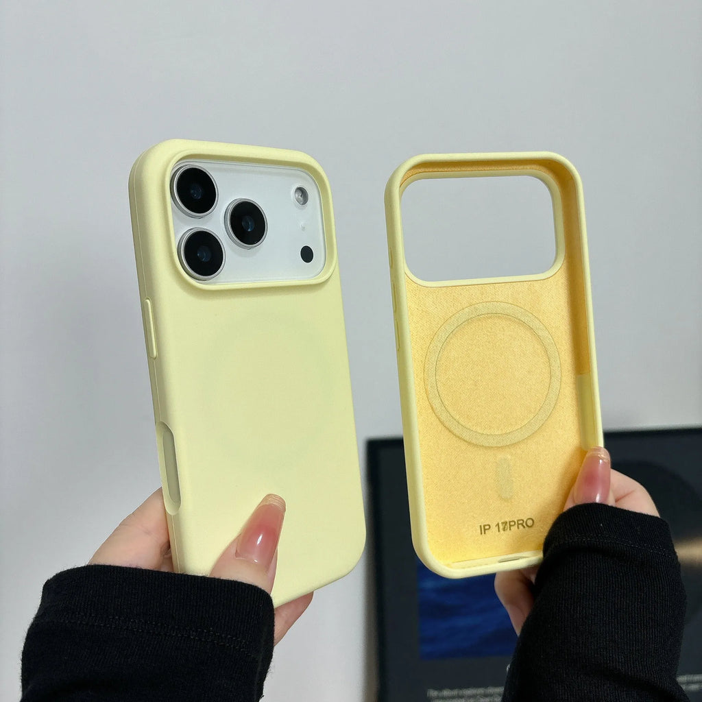 Magnetic liquid silicone phone case for iPhone showing multiple colour options including antique white and desert colour.