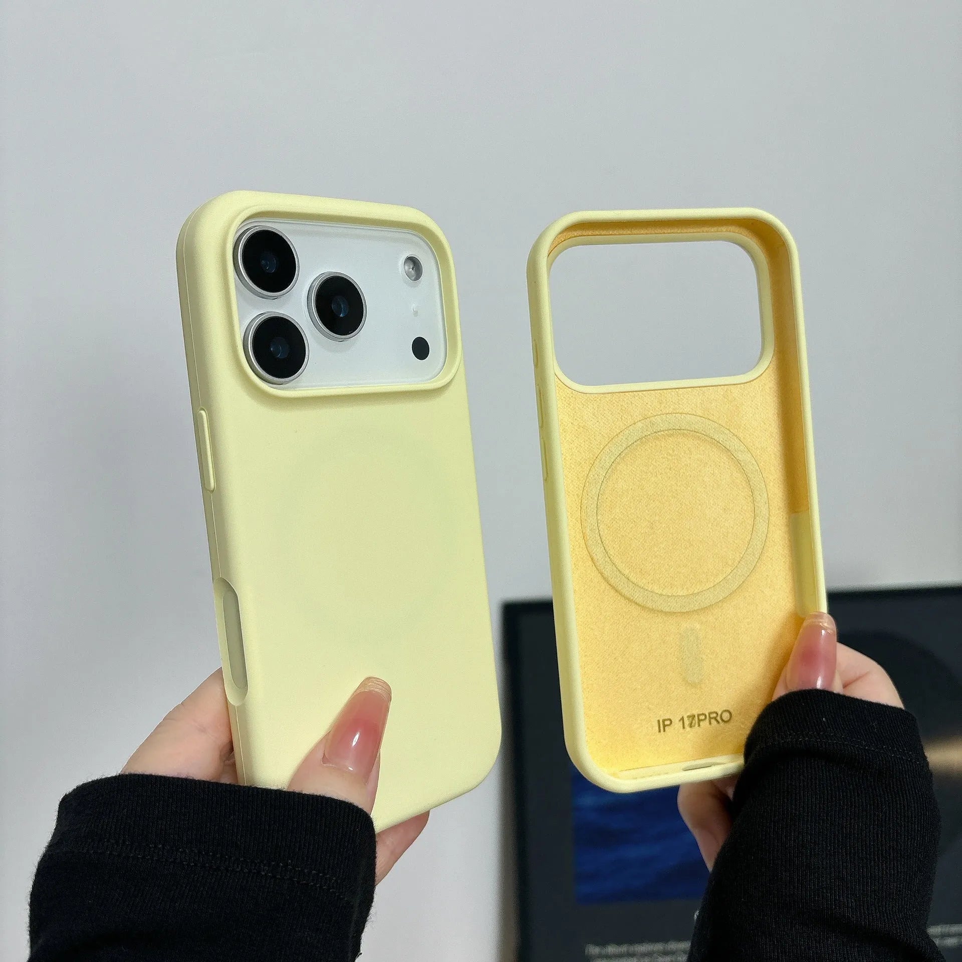 Magnetic liquid silicone phone case for iPhone showing multiple colour options including antique white and desert colour.