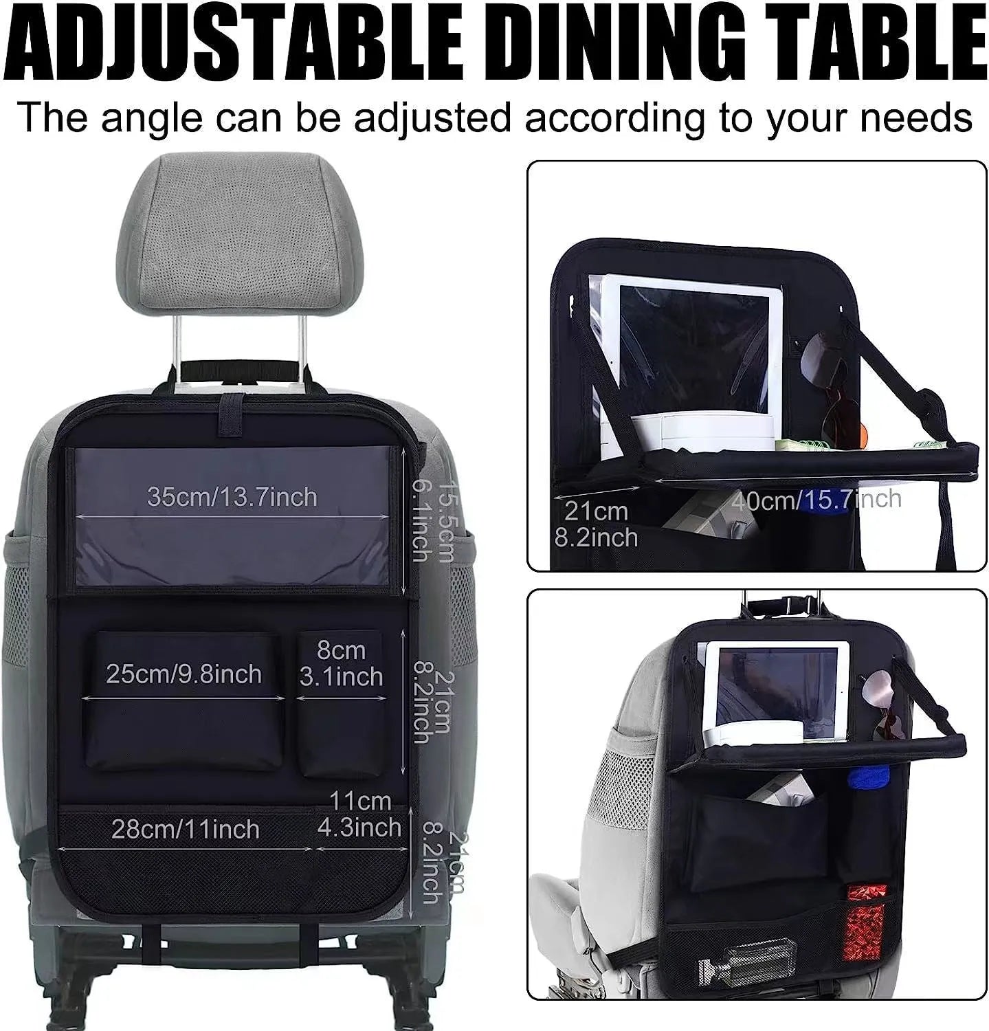 Black oxford cloth car seat buggy organiser bag hanging from vehicle seat showing 42x30cm dimensions