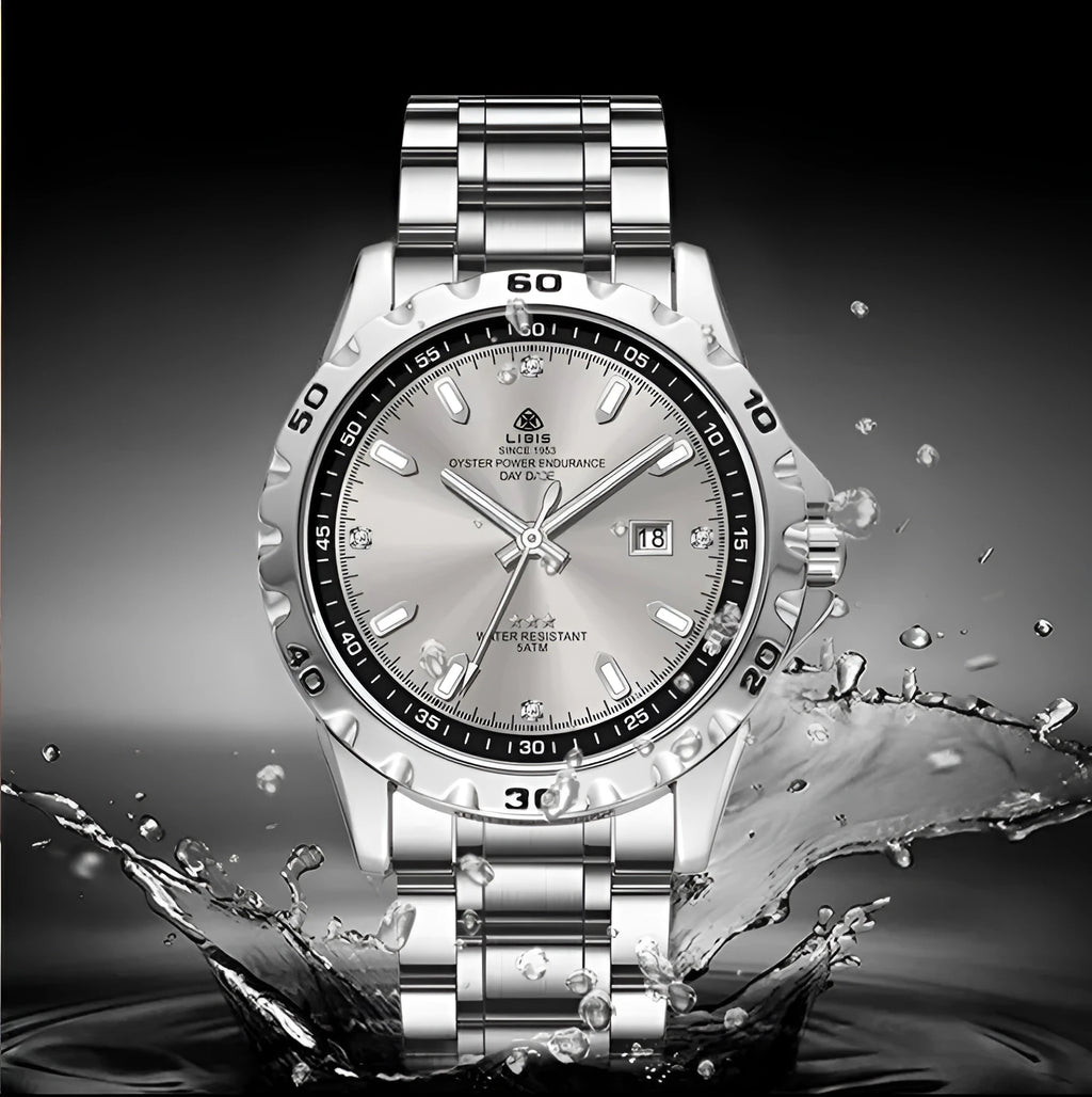 Silver stainless steel men's business watch with luminous dial and sapphire crystal glass