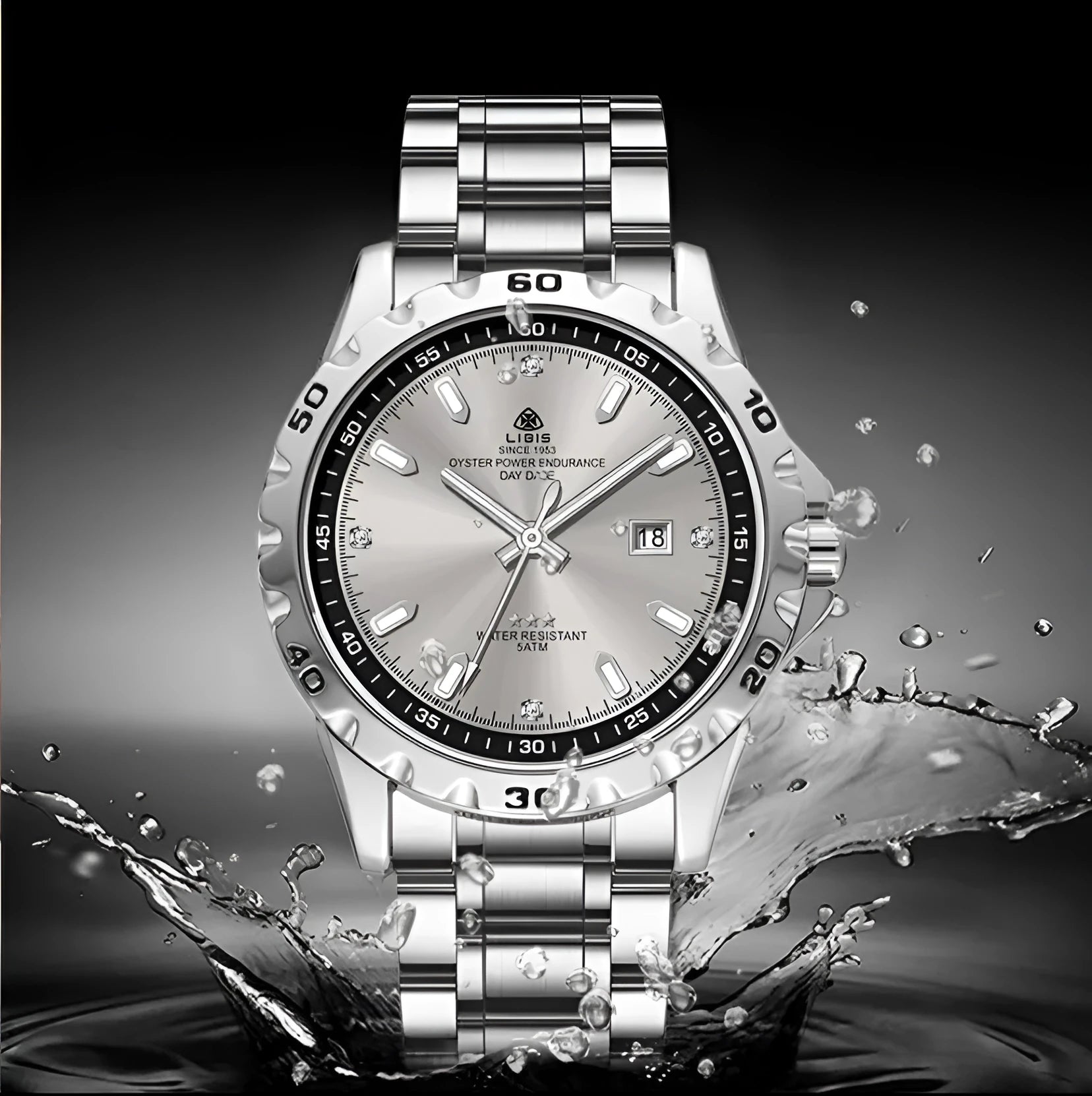 Silver stainless steel men's business watch with luminous dial and sapphire crystal glass