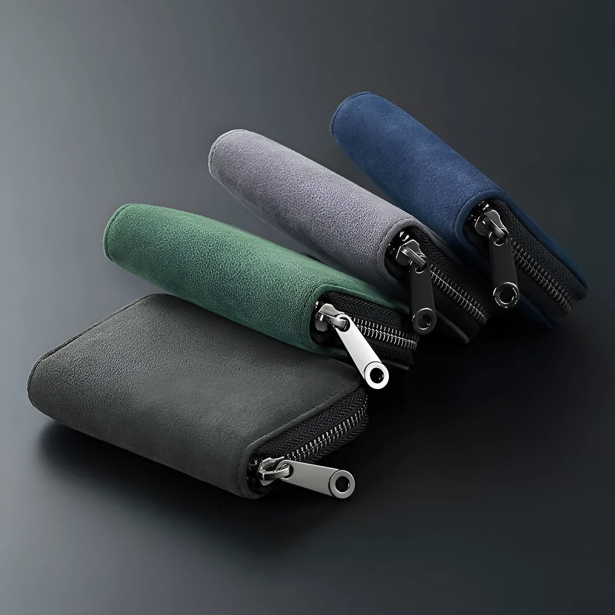 Men's suede card holder in grey, black, blue or green with 11 or 18 card positions, anti-degaussing, waterproof PU material.