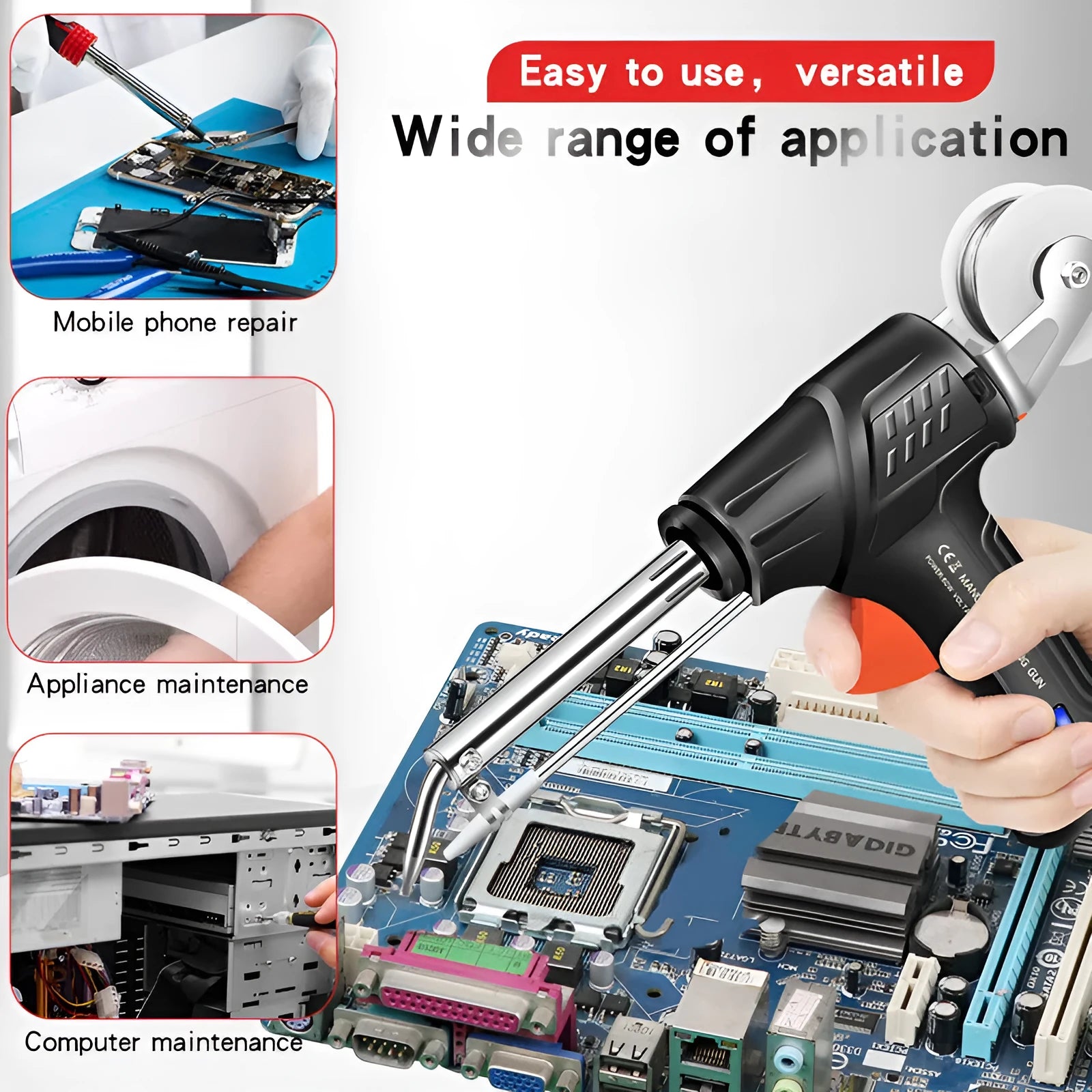 Black soldering gun with LED light, alloy construction, five-piece electronics repair kit
