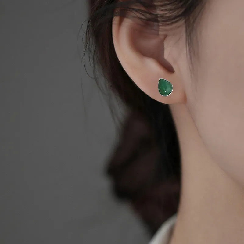 Chinese style copper drop earrings with Hetian jade water drop stud in white gold colour