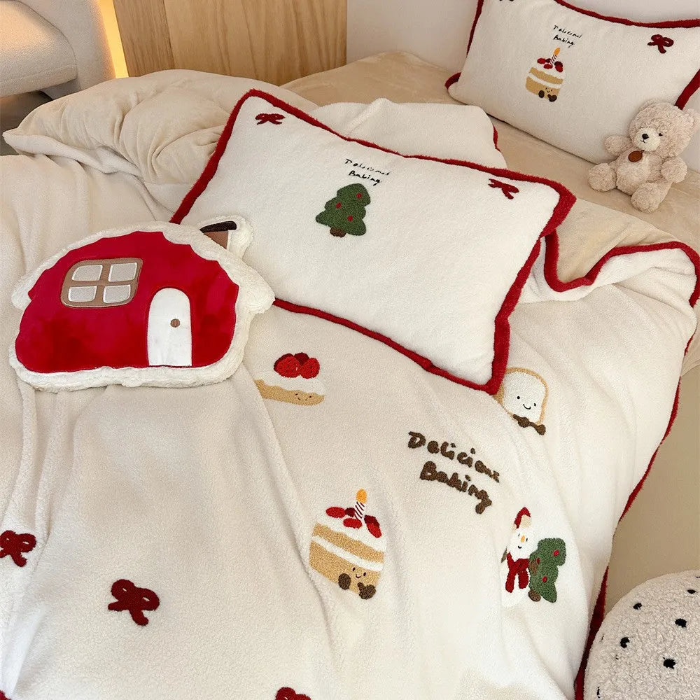 Cartoon winter bedding four-piece set with Xuefu Milk Pastry pattern in polyester material