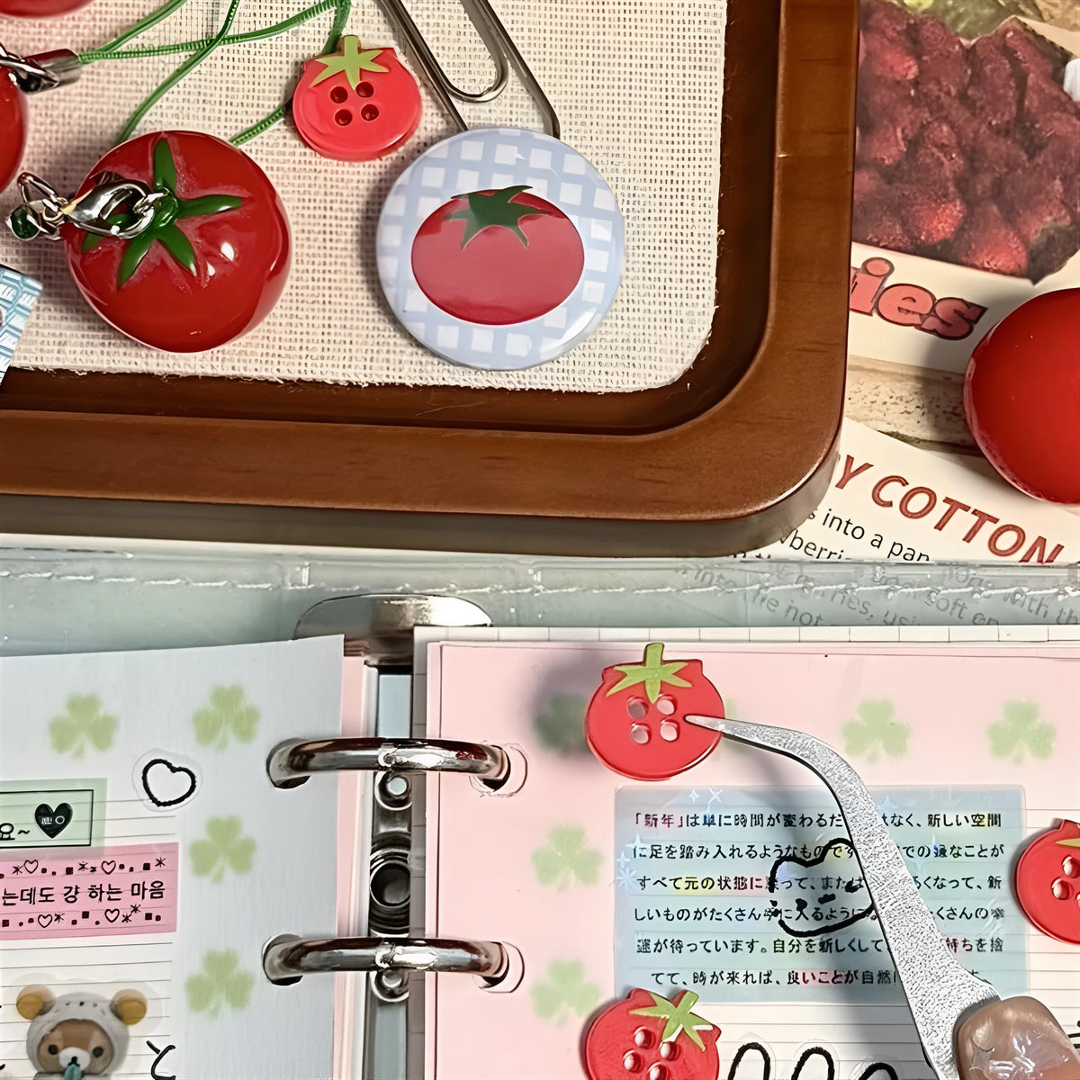 Mini tomato red fabric simulation button with vintage antique style on white background