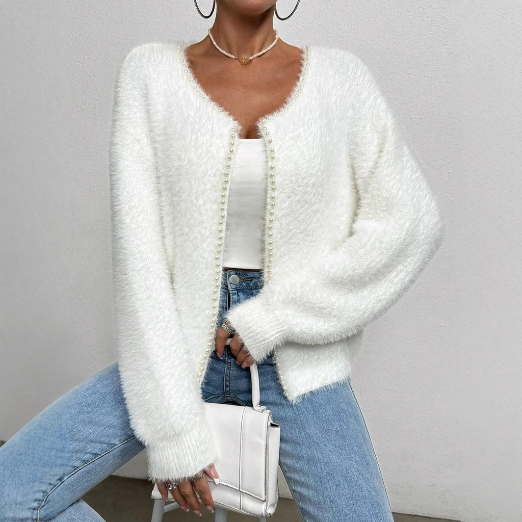White women's V-neck cardigan with solid colour and medium thickness