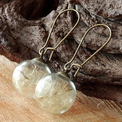 Transparent glass ball earrings with crystal dandelion seed design on silver French hooks