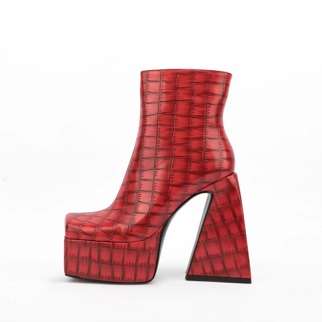 Women's ankle boot with a high heel in a solid colour, shown in a choice of red, green, black, beige, or brown.