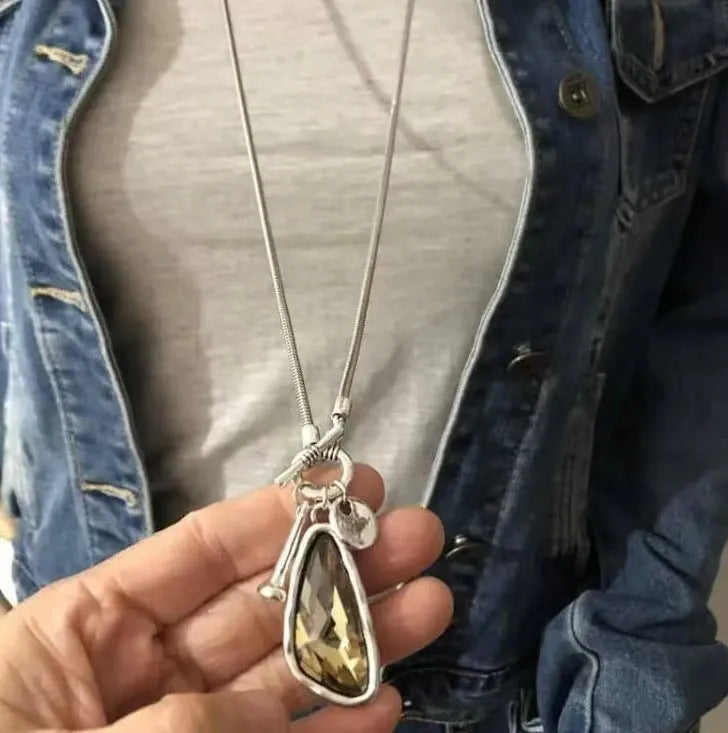 Women's long geometric plaid pendant necklace on snake bones chain in alloy with water drop colour options.