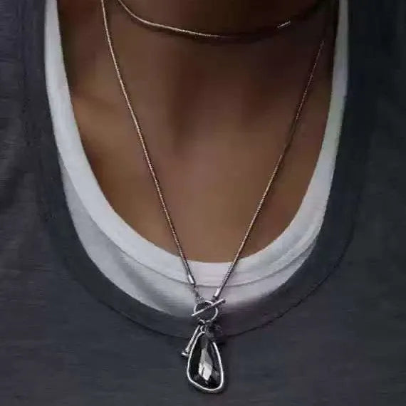 Women's long geometric plaid pendant necklace on snake bones chain in alloy with water drop colour options.