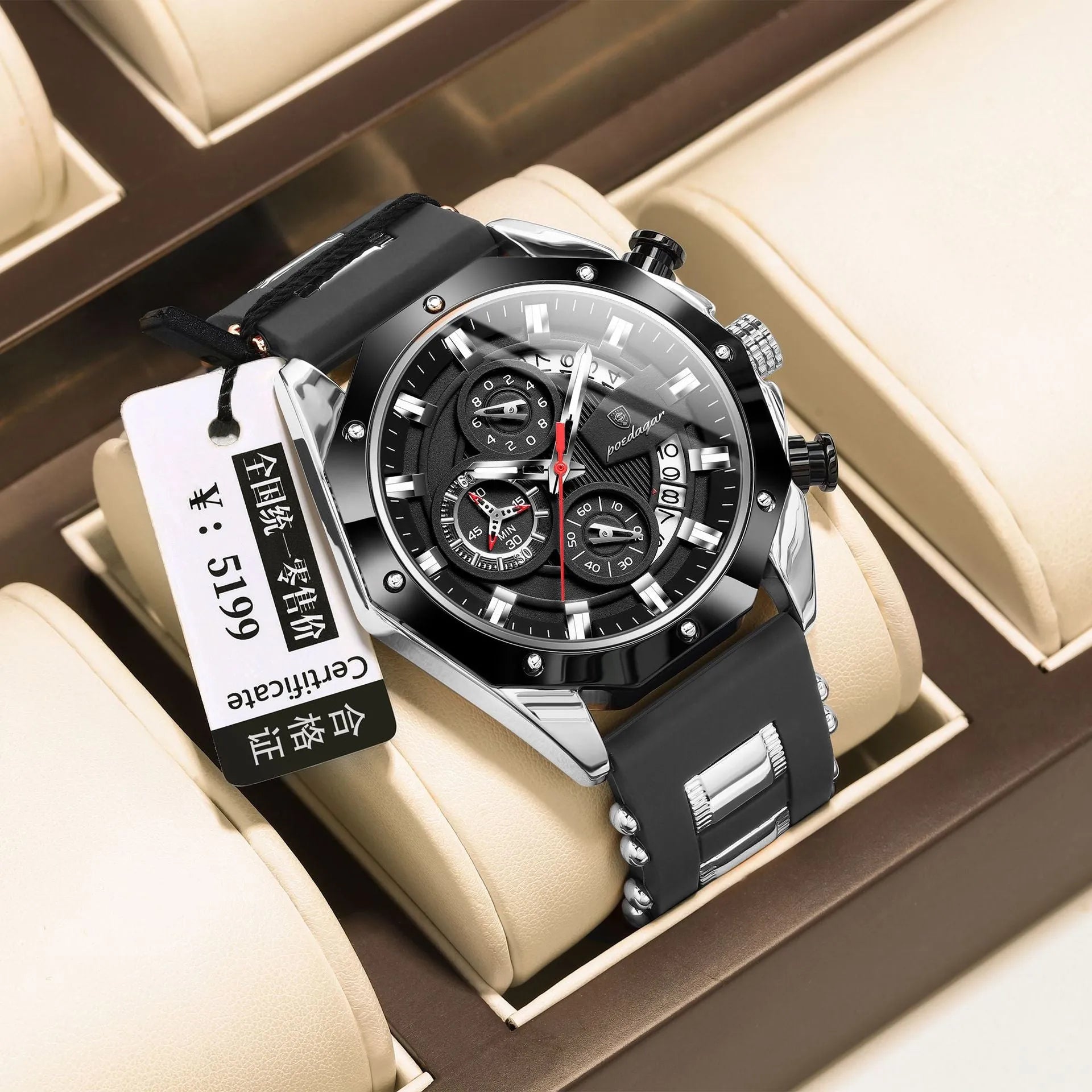 Men's chronograph watch with silicone band, diamond-shaped dial, and stainless steel buckle in multiple colour options