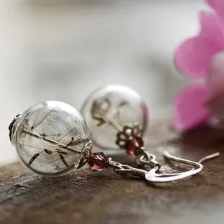 Transparent glass ball earrings with crystal dandelion seed design on silver French hooks