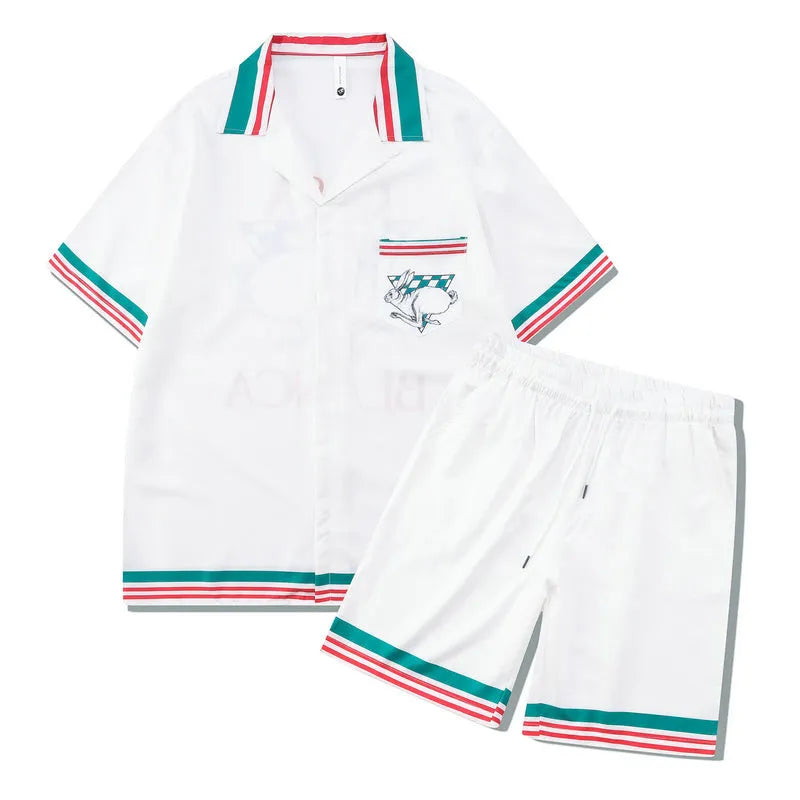 Men's plaid short sleeve beach outfit with matching trousers in European American style