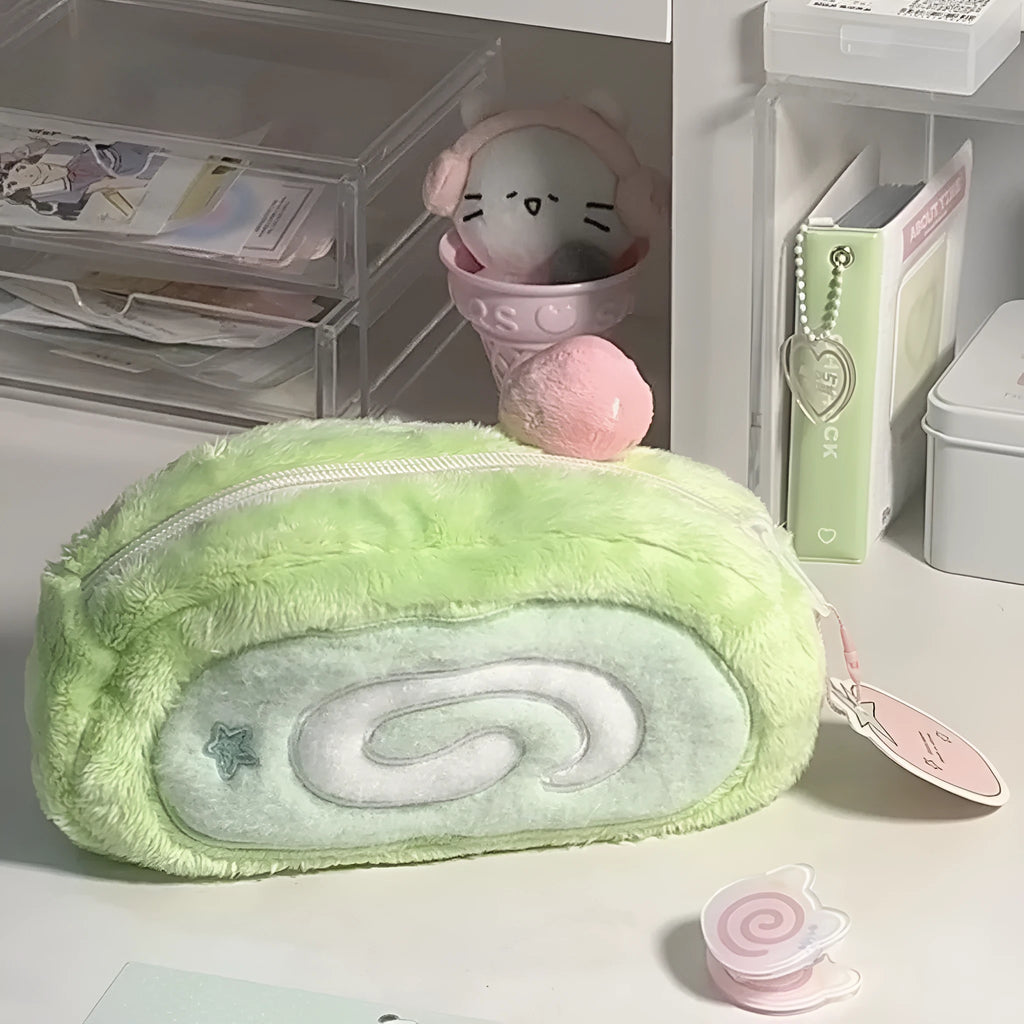 Honeydew roll plush velvet pencil case with Swiss roll cake design and zipped closure