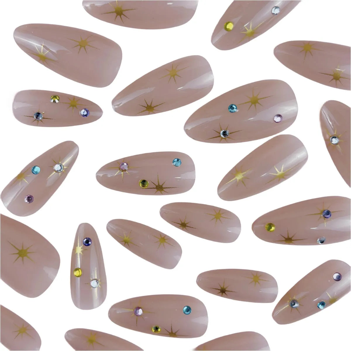 Drop shape starry sky press-on nails BW92 with jelly glue and nail file, 24 pieces