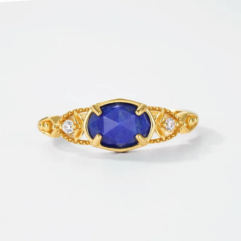 Japanese style geometric silver alloy ring with a blue lapis lazuli stone for women.