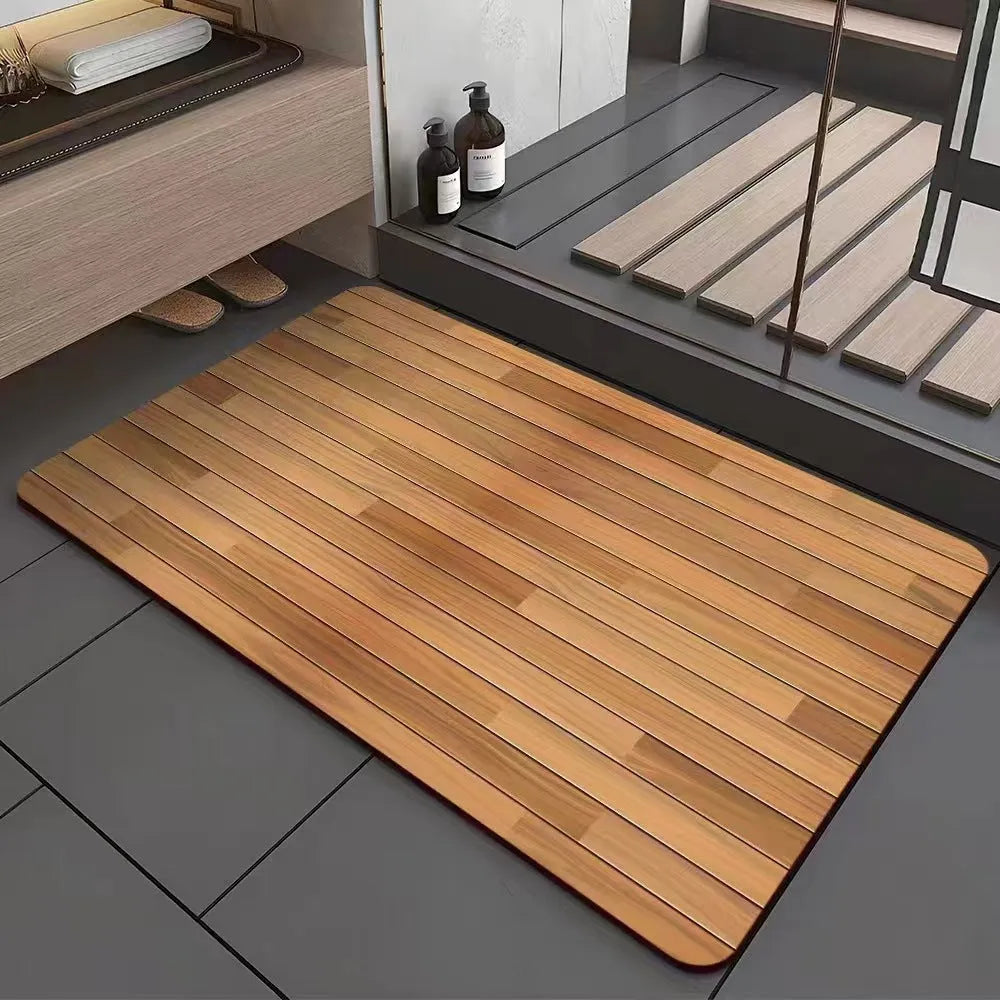 Square diatomaceous earth bathroom floor mat with a geometric American wood grain pattern in a natural wood tone.