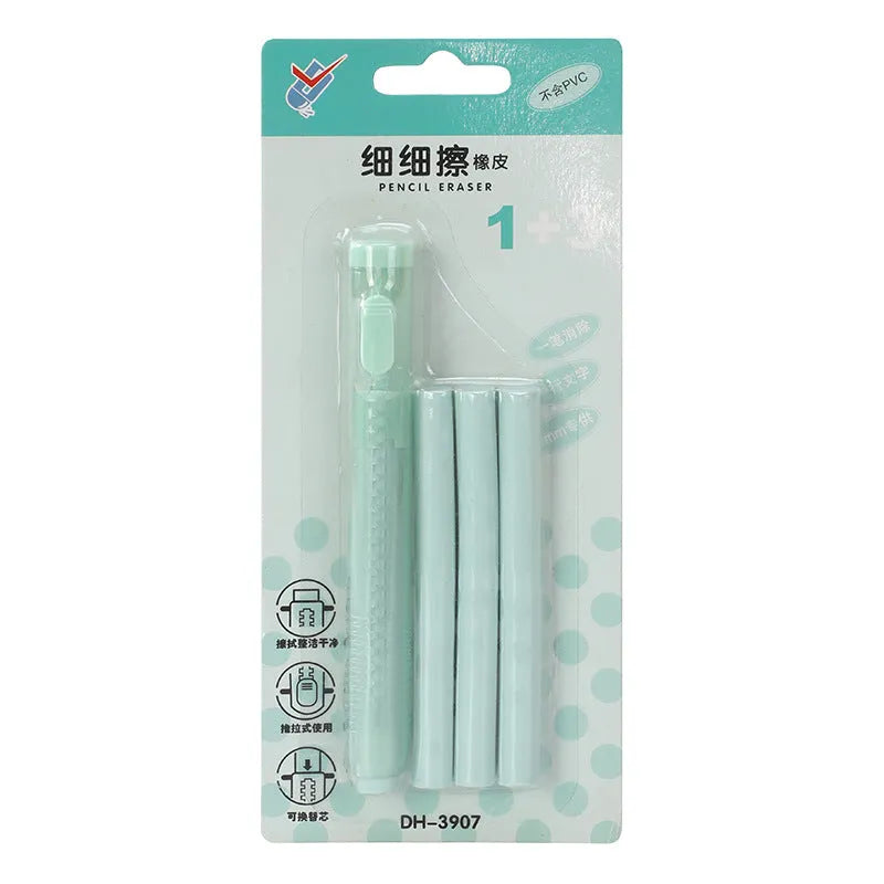 Blue push-type children's traceless eraser with simple rectangular design on a white background