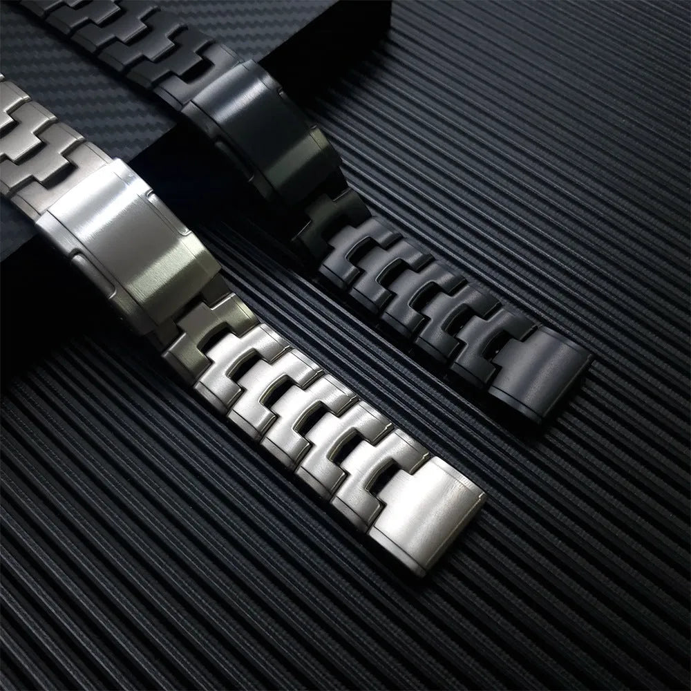 Silver, black and titanium coloured watch straps for Garmin Fenix and Jiaming watches in 22mm and 26mm widths.