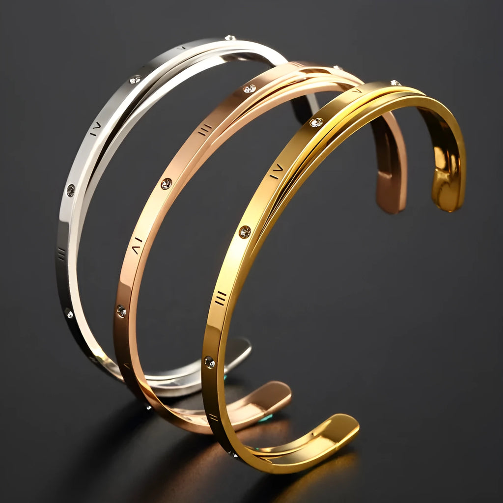 Open-ended women's bracelet with zircon stones in stainless steel, showing rose gold colour option