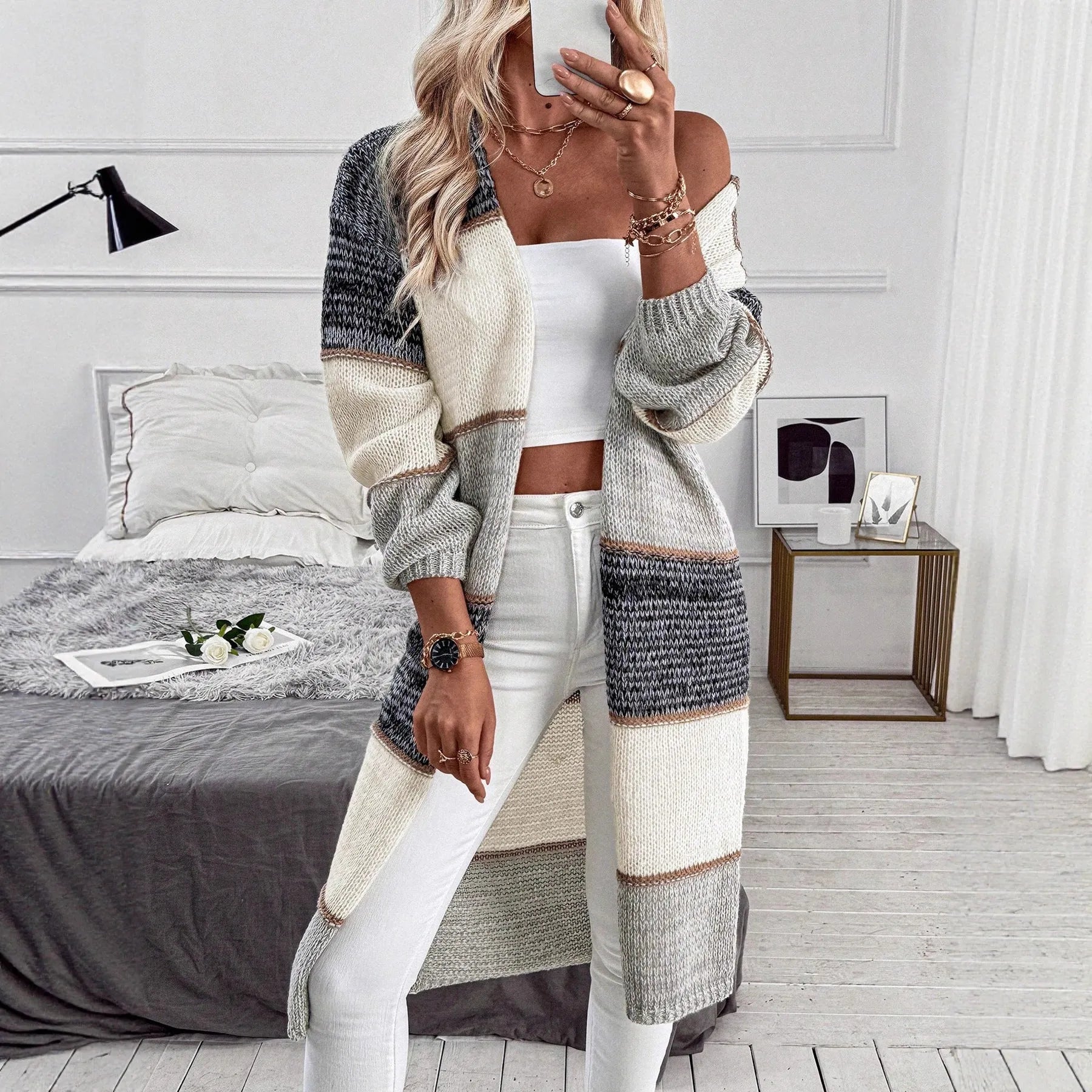 Grey women's knitted cardigan with loose fit and striped plaid pattern long sleeves