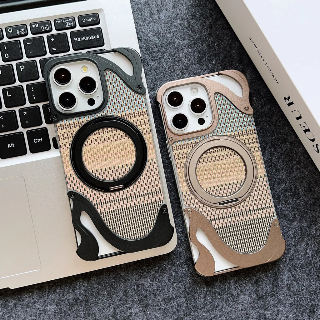 Frameless magnetic bracket phone case in metal and PC with electroplated finish for Apple iPhone 14 15 16 Pro and Pro Max