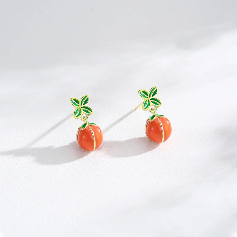 S925 sterling silver lucky persimmon dripping stud earrings in new Chinese style