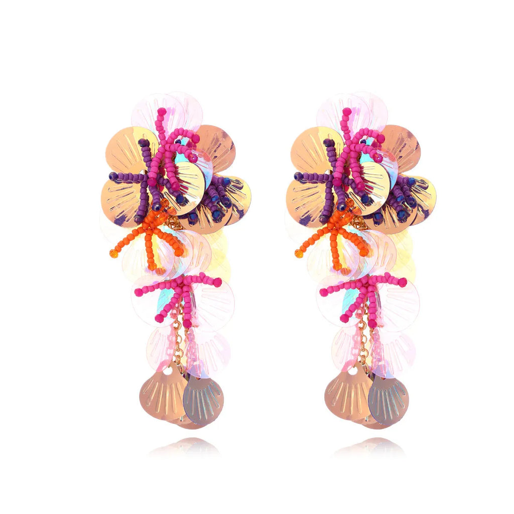 Handmade string bead flower earrings in colourful, rose, or purple with European-American exaggerated dopamine style