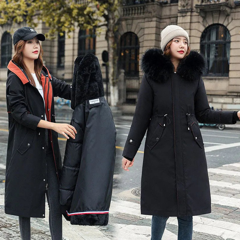 Women's long two-way cotton-padded fleece trench coat in bean green colour