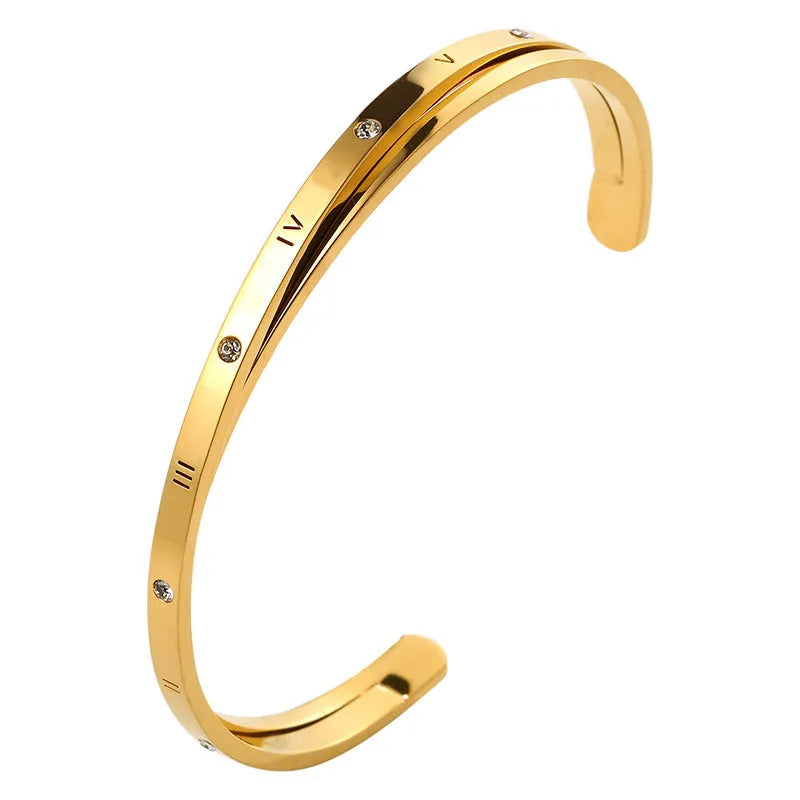Open-ended women's bracelet with zircon stones in stainless steel, showing rose gold colour option