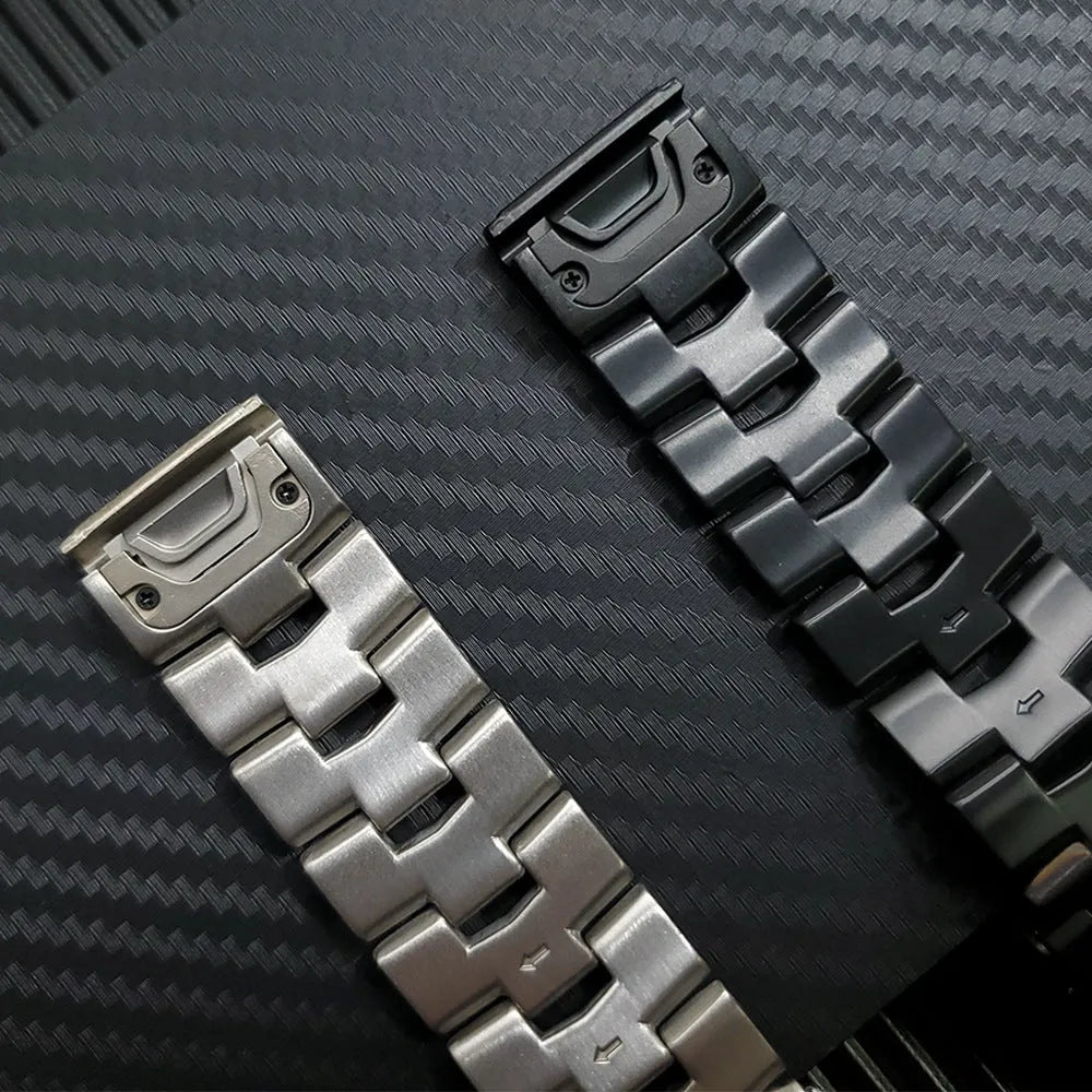 Silver, black and titanium coloured watch straps for Garmin Fenix and Jiaming watches in 22mm and 26mm widths.