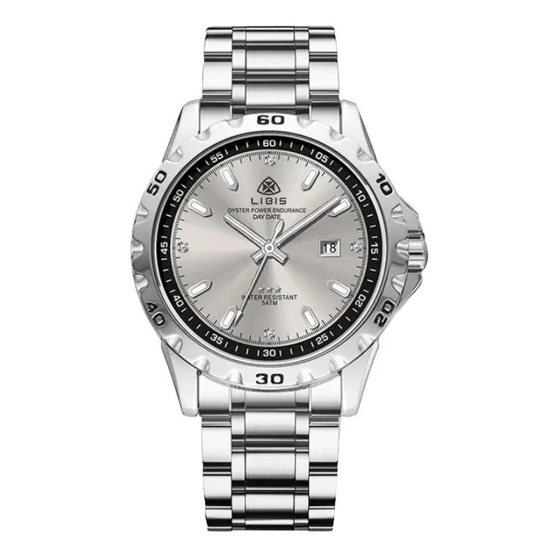 Silver stainless steel men's business watch with luminous dial and sapphire crystal glass