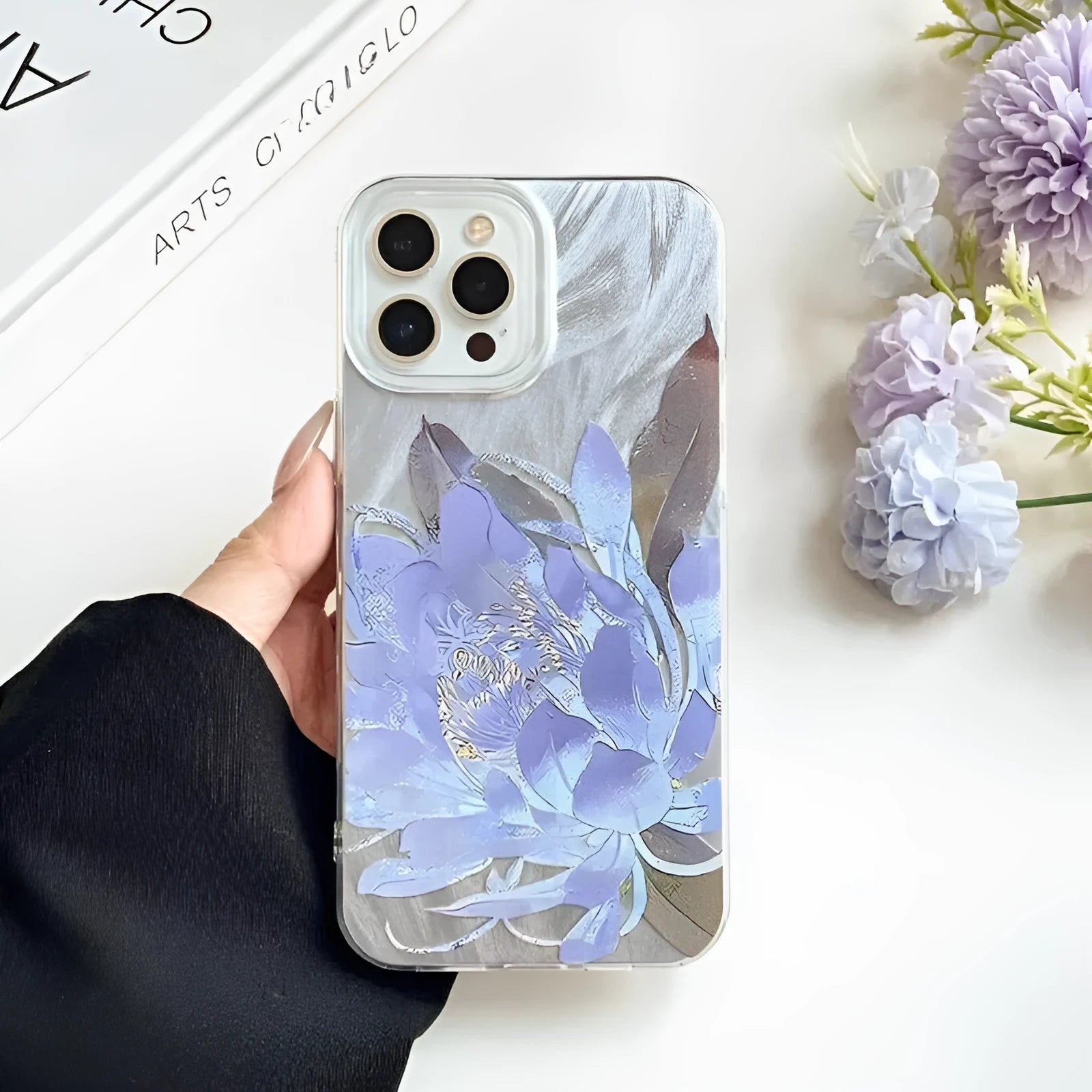 Blue Lotus floral design hard PC phone case for Apple iPhone on a white background.