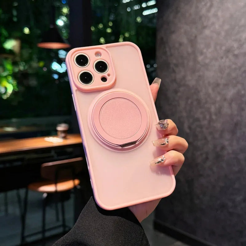 Magnetic suction pivot phone case for iPhone with built-in kickstand, in a frosted finish.