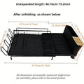 Retractable carbon steel kitchen drain rack for cutlery and cup drying, shown in folded and extended positions.