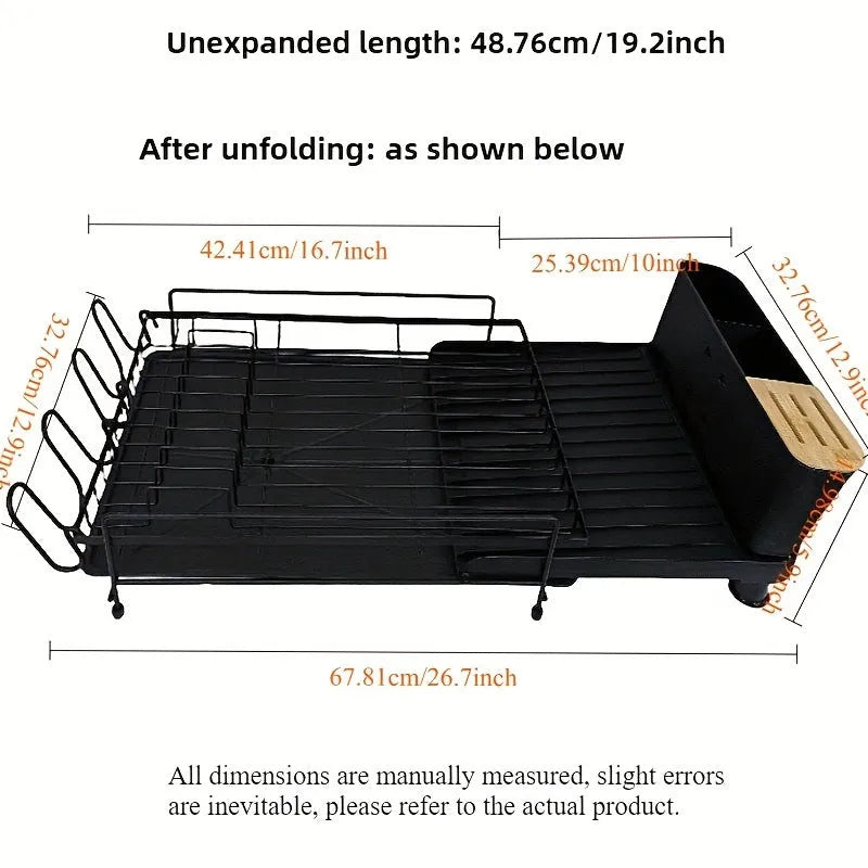 Retractable carbon steel kitchen drain rack for cutlery and cup drying, shown in folded and extended positions.