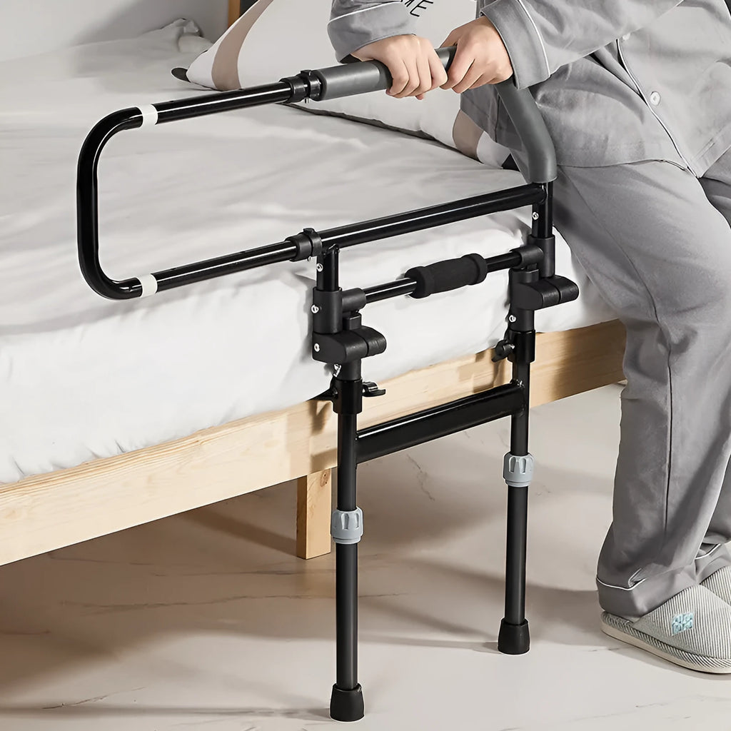 Carbon steel bedside bed aid armrest with PU sponge armrest, height adjustable 32-50cm, floor-foldable, punch-free