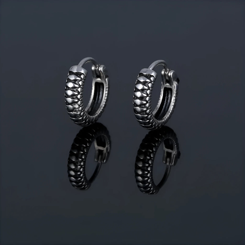 Silver geometric earrings with circular striped design in titanium steel