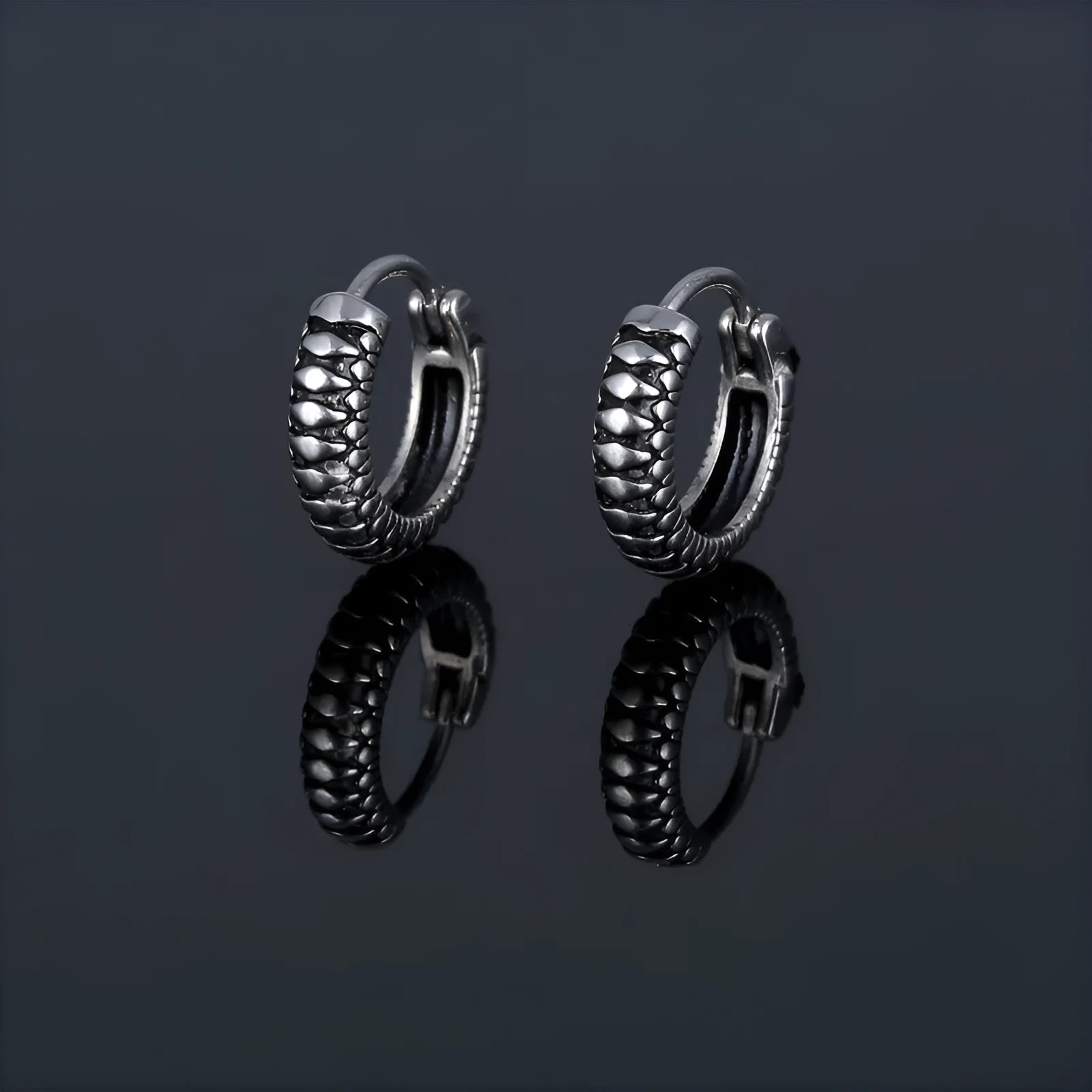 Silver geometric earrings with circular striped design in titanium steel