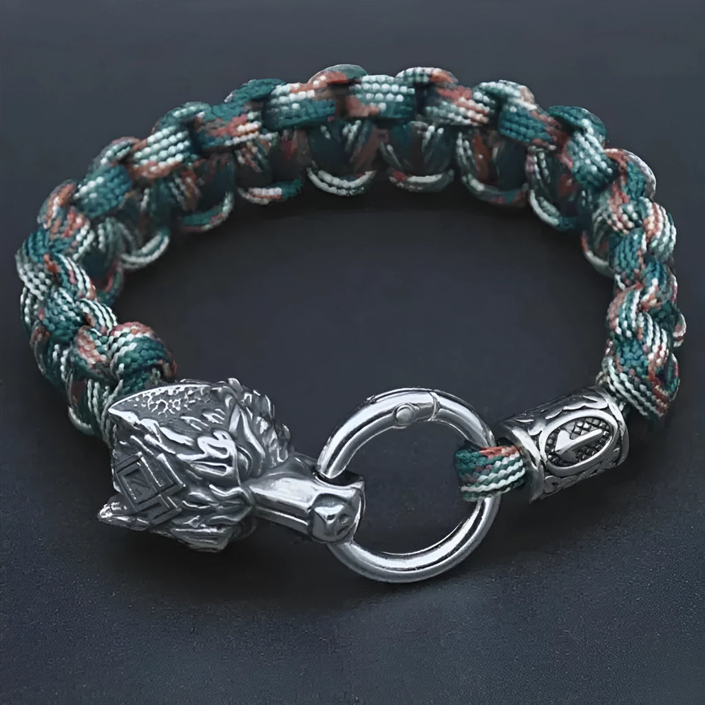 Handmade stainless steel wolf head bracelet with Luen characters and camouflage colour finish