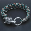 Handmade stainless steel wolf head bracelet with Luen characters and camouflage colour finish