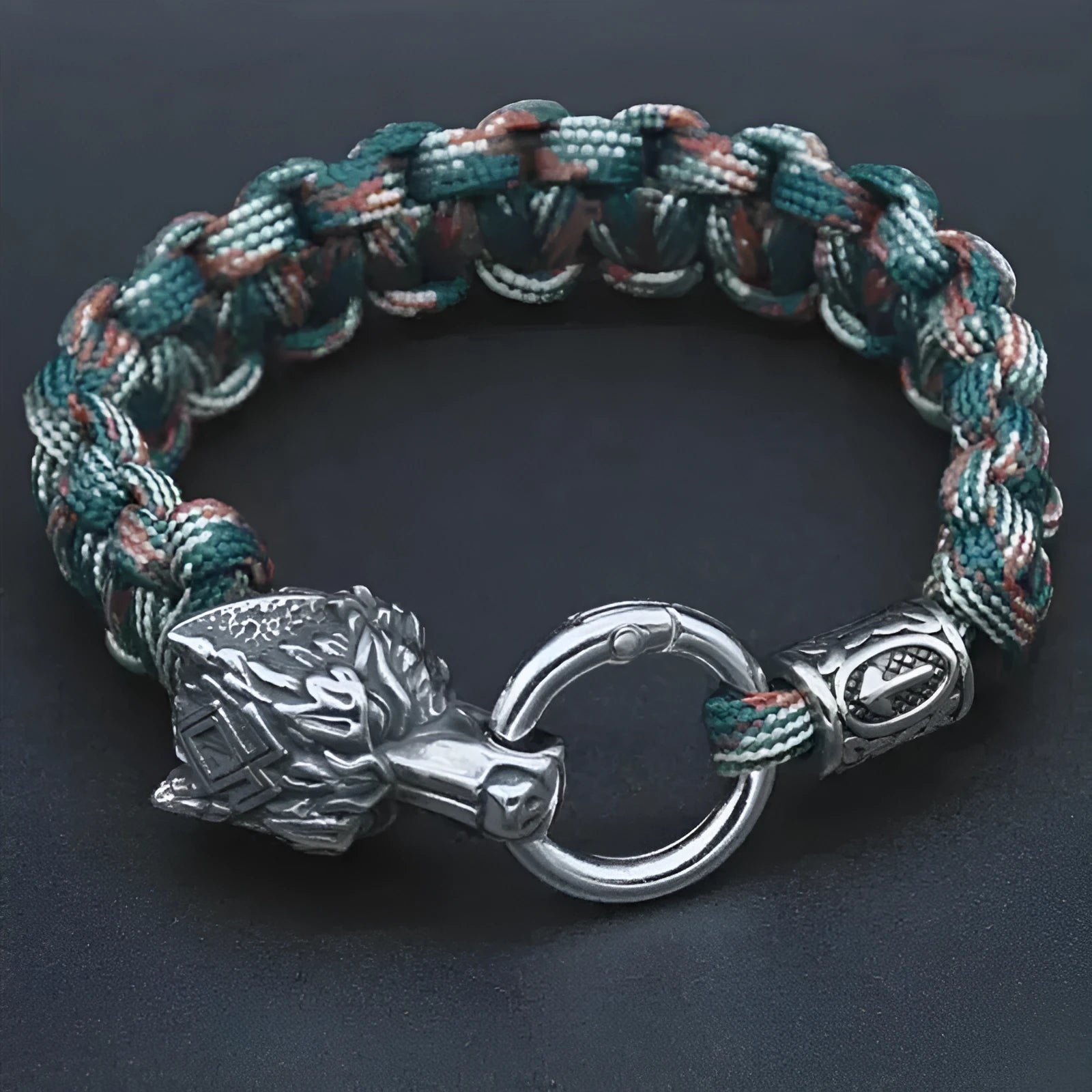 Handmade stainless steel wolf head bracelet with Luen characters and camouflage colour finish