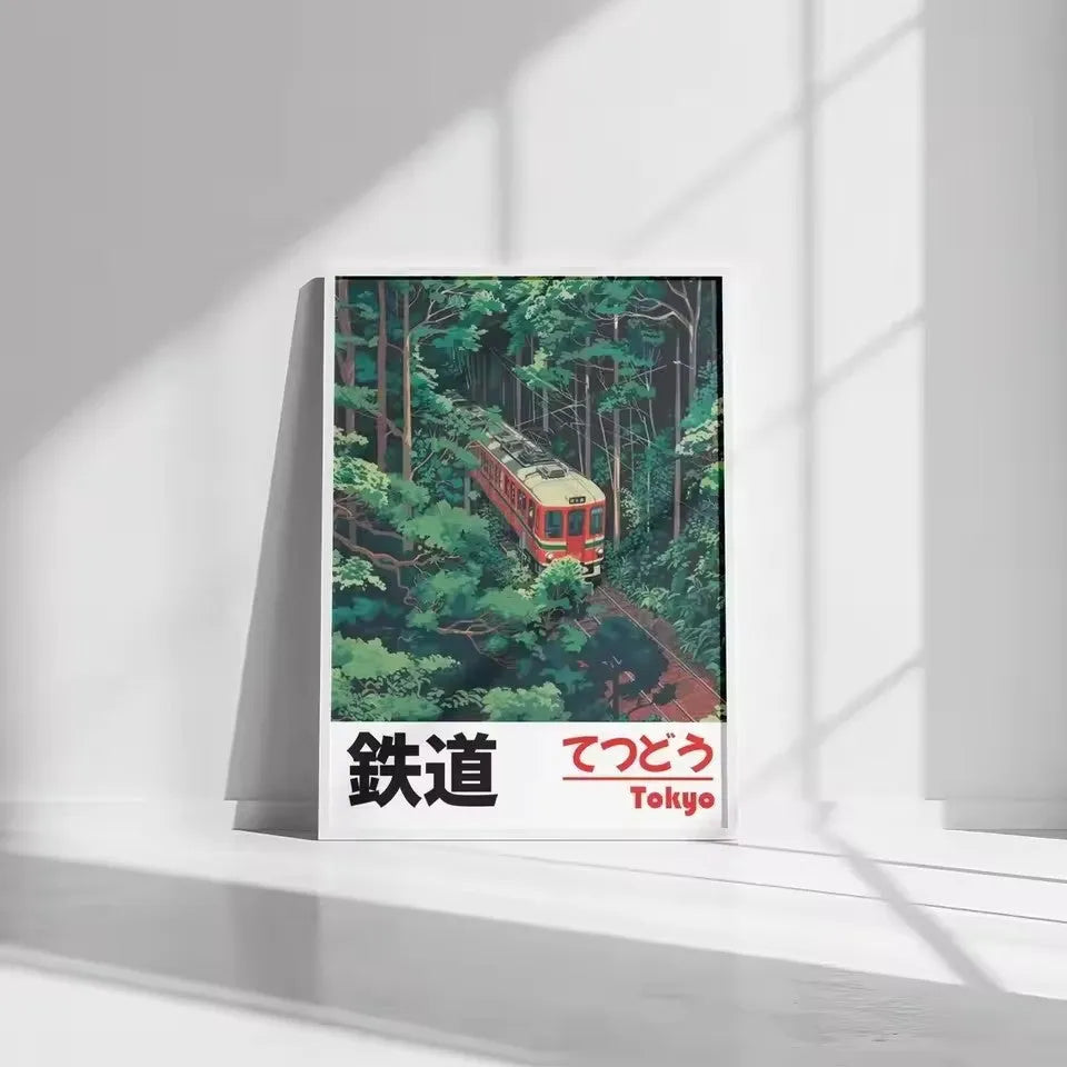 Retro Japanese landscape canvas print with railway scene, frameless Nordic wall art poster