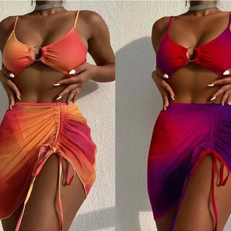 Women's orange gradient print three-piece swimsuit with loop buckle hollow suspender design