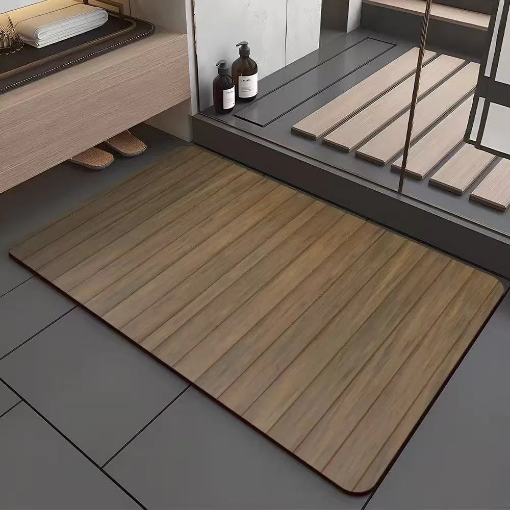 Square diatomaceous earth bathroom floor mat with a geometric American wood grain pattern in a natural wood tone.